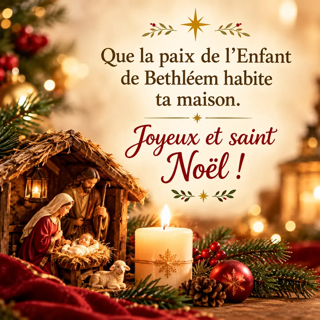 Un message de Noël chrétien à partager sur WhatsApp ou Facebook Carte carrée de Noël chrétien avec une bougie allumée près de la crèche et un vœu de paix à partager