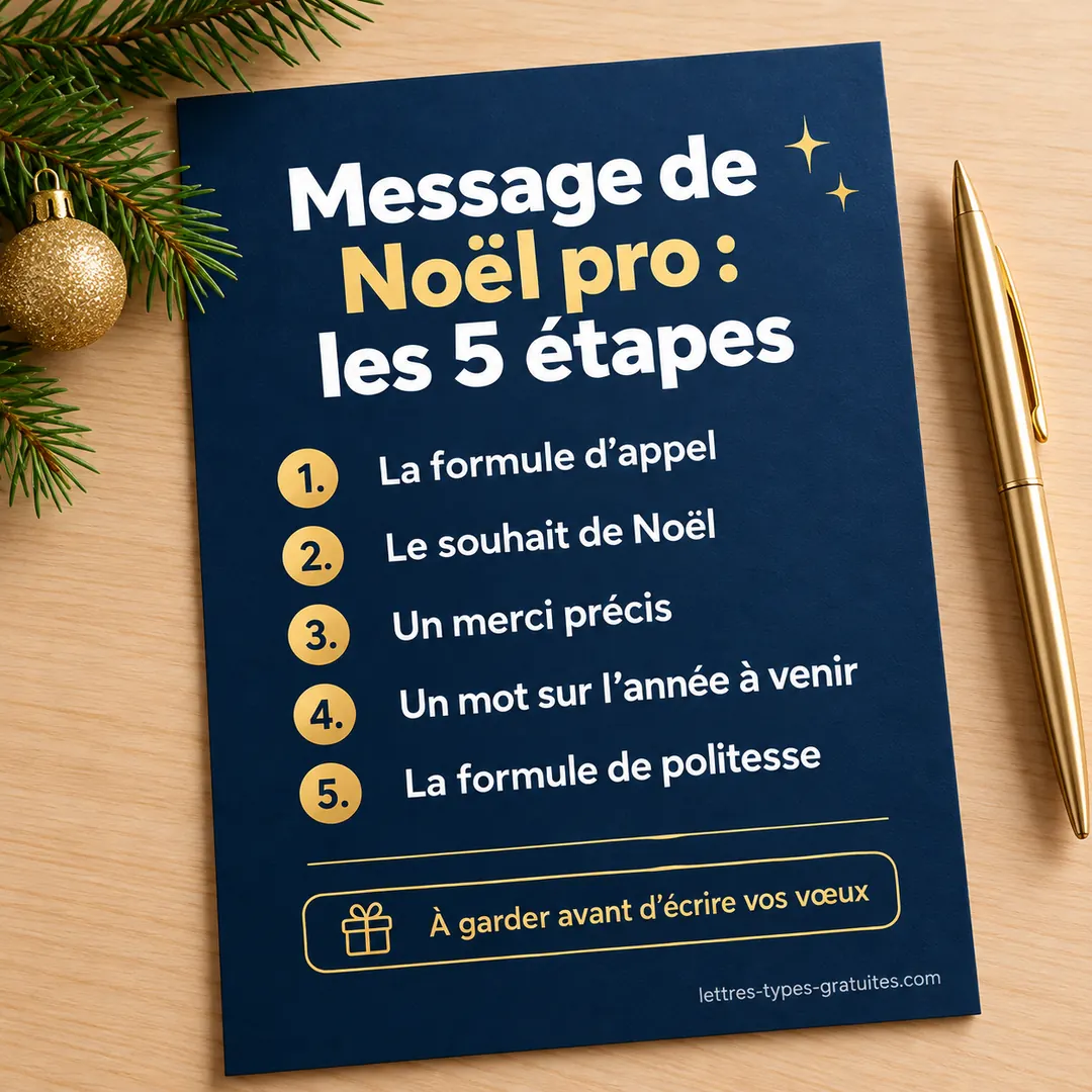 Les 5 étapes d'un message de Noël professionnel réussi, à garder sous la main Carte carrée présentant les 5 étapes d'un message de Noël professionnel : formule d'appel, souhait, remerciement, perspective, politesse