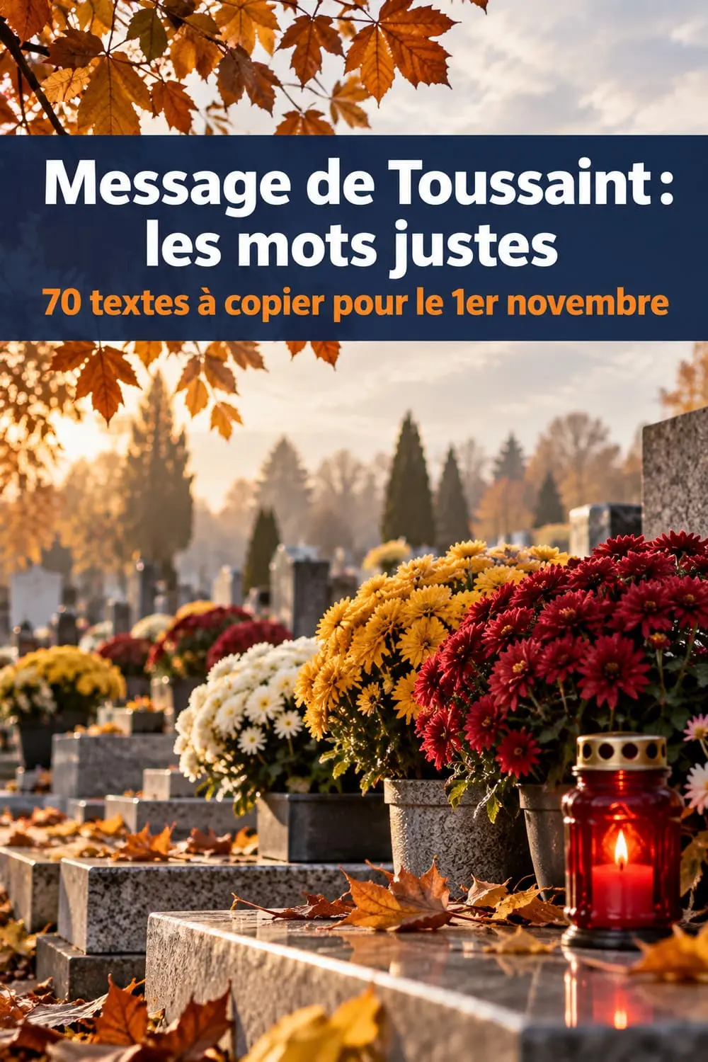 Message de Toussaint : les mots justes pour le 1er novembre, 70 textes prêts à copier Alignement de chrysanthèmes bordeaux et ocre et bougie rouge allumée sur des tombes en pierre claire, en fin d'après-midi d'automne