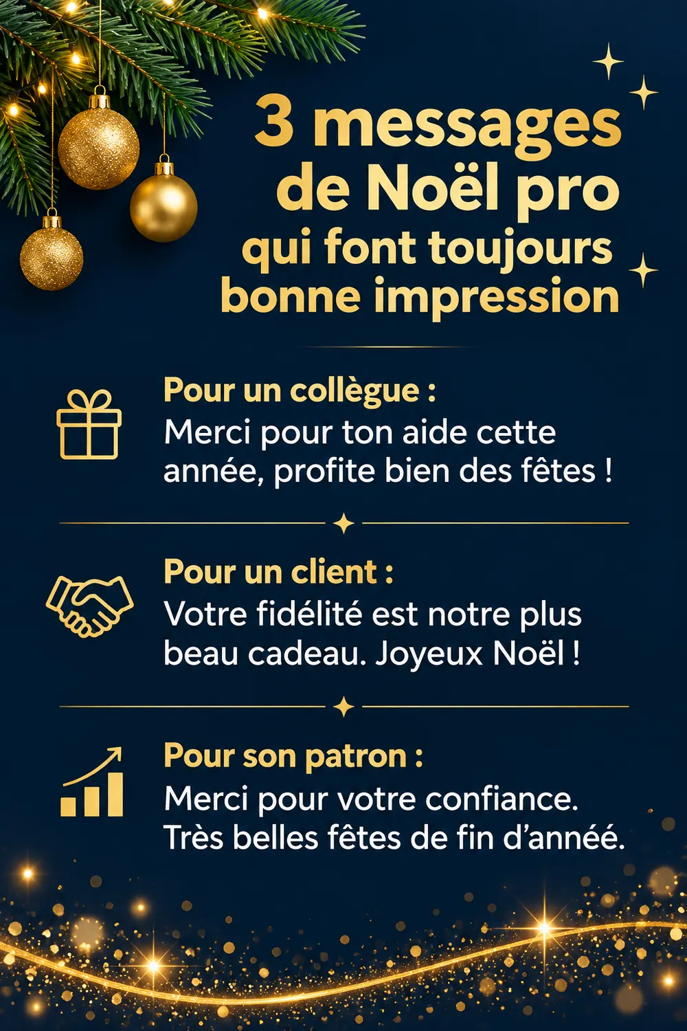 3 messages de Noël pro qui font toujours bonne impression : collègue, client et patron, à copier en un clic Affiche verticale bleu nuit et or présentant trois messages de Noël professionnels : pour un collègue, pour un client et pour son patron