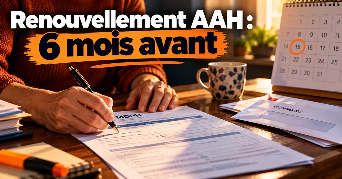 Modèle lettre renouvellement AAH Personne qui prépare son dossier de renouvellement AAH à une table, formulaire MDPH et lettre d'accompagnement