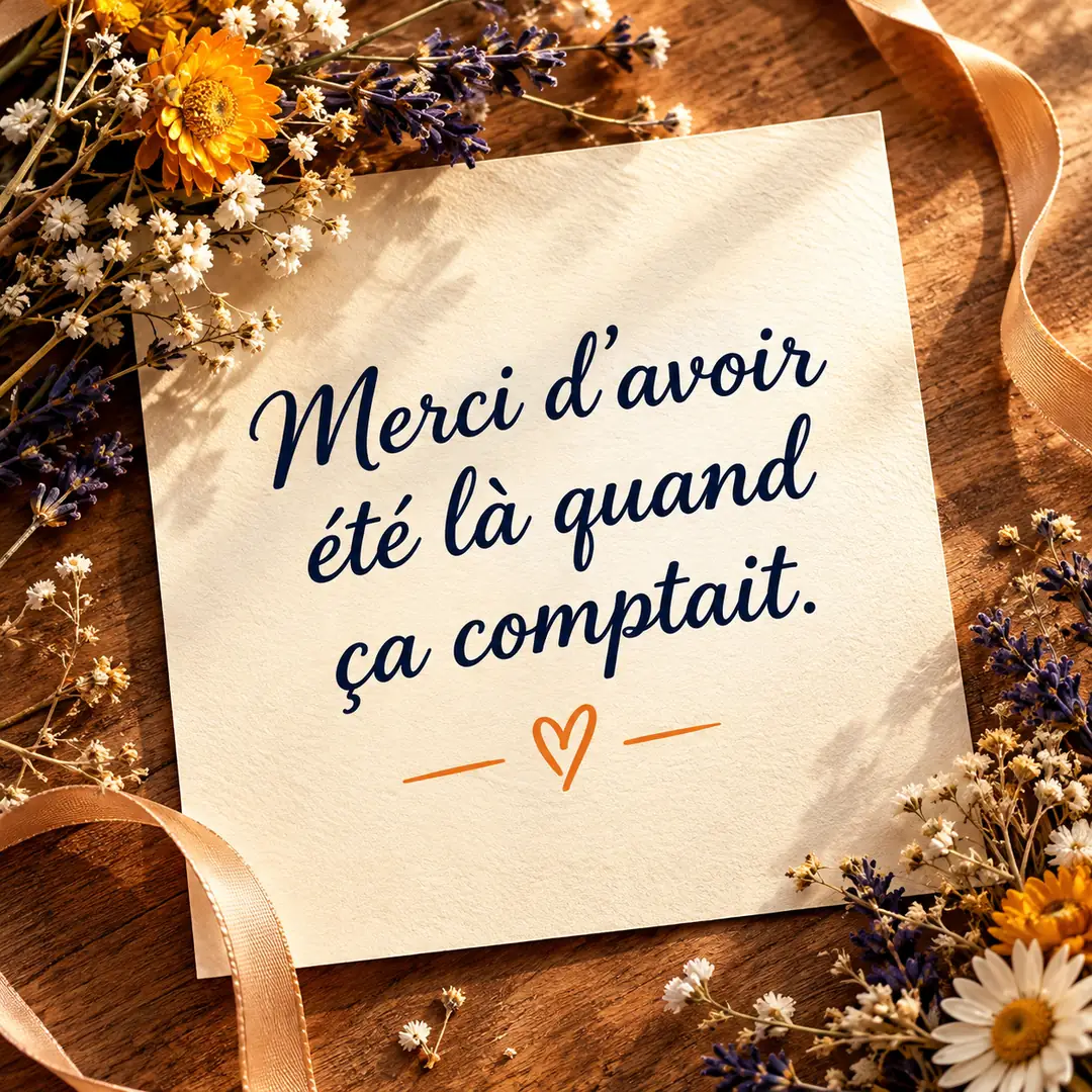 Merci d'avoir été là quand ça comptait Image carrée à envoyer avec le petit mot « Merci d'avoir été là quand ça comptait » écrit à la main sur un papier crème entouré de fleurs séchées