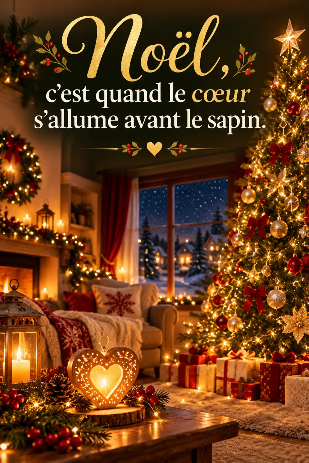 Affiche verticale de Noël avec la phrase « Noël, c'est quand le cœur s'allume avant le sapin » sur fond de sapin illuminé