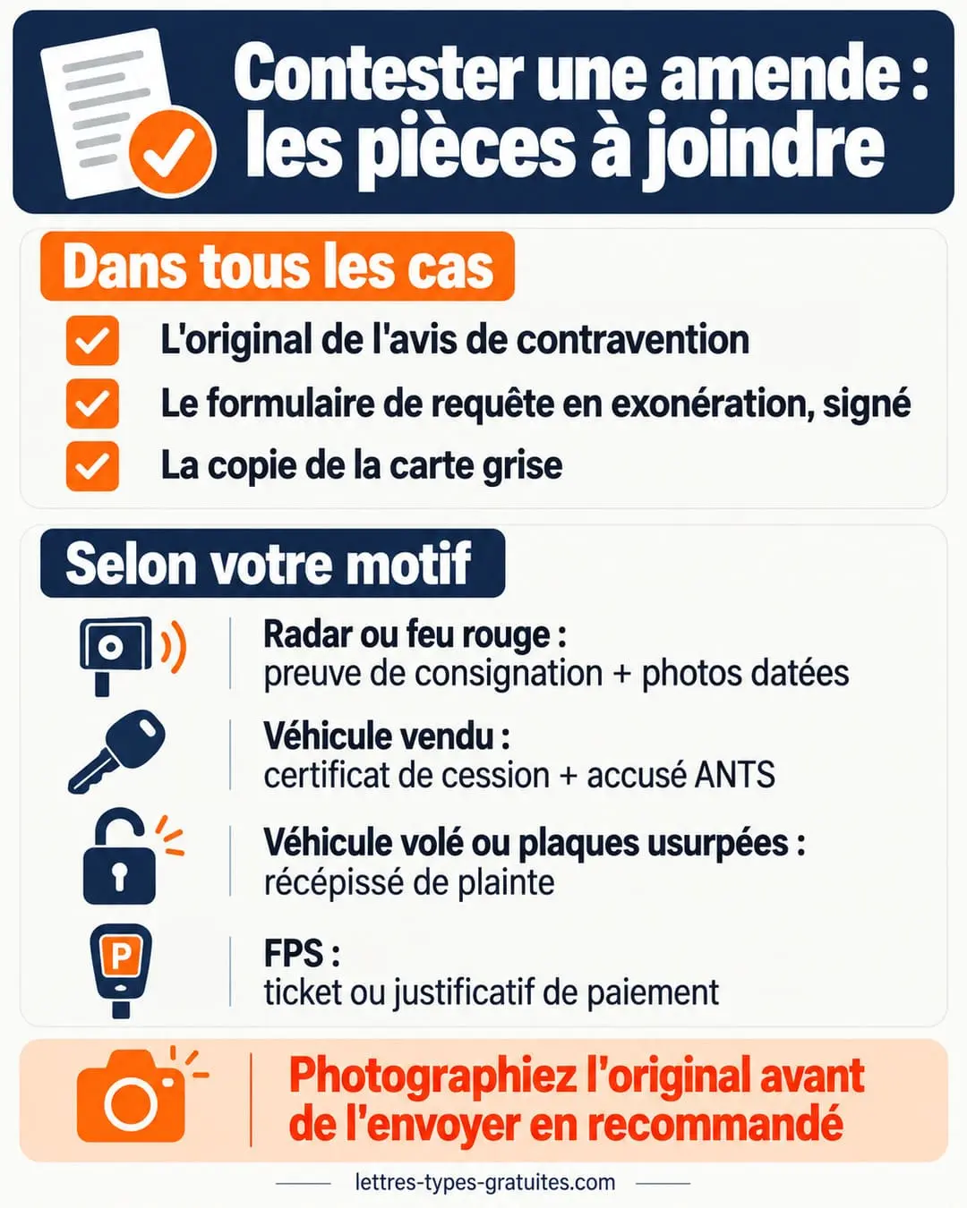 Checklist des pièces à joindre avant d'envoyer votre contestation d'amende Checklist des pièces à joindre pour contester une amende : avis original, formulaire de requête, carte grise et justificatifs selon le motif
