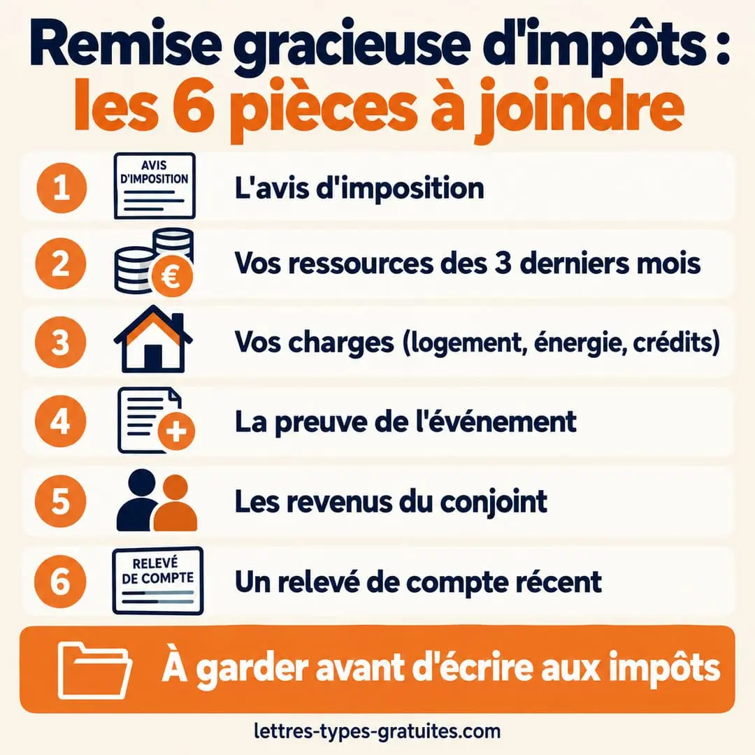 Remise gracieuse d'impôts : les 6 pièces à joindre pour que votre demande soit étudiée Liste des pièces justificatives à joindre à une demande de remise gracieuse d'impôts : avis, ressources, charges, preuve de l'événement
