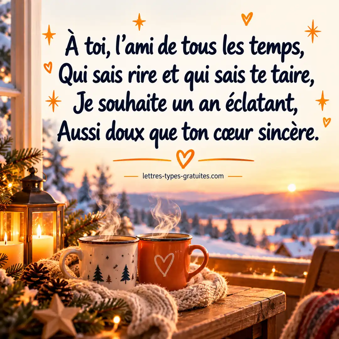 Poème de bonne année pour un ami Carte carrée avec deux tasses fumantes et le poème : à toi, l'ami de tous les temps, qui sais rire et qui sais te taire