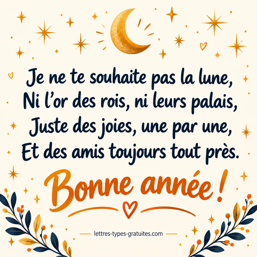 Petit poème de bonne année : juste des joies Carte carrée avec le poème : je ne te souhaite pas la lune, ni l'or des rois, ni leurs palais, juste des joies, une par une