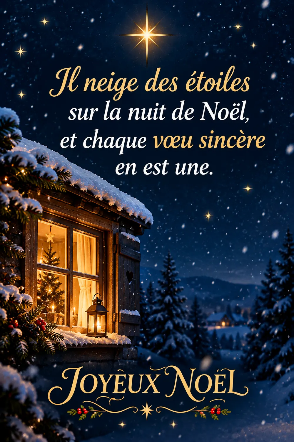 Poème de Noël : il neige des étoiles, et chaque vœu sincère en est une Fenêtre éclairée dans une nuit de neige sous une grande étoile, avec un vers de Noël sur les vœux sincères