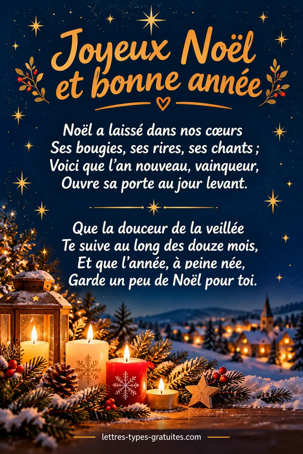Que l'année, à peine née, garde un peu de Noël pour toi : un poème de Noël et de nouvel an Poème de fin d'année pour Noël et le nouvel an, en deux strophes, sur fond de bougies et d'étoiles