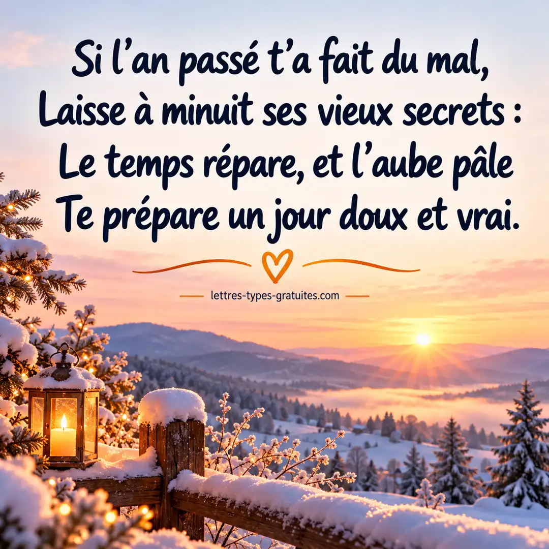 Poème de nouvel an après une année difficile Carte carrée d'aube d'hiver avec le poème : si l'an passé t'a fait du mal, laisse à minuit ses vieux secrets