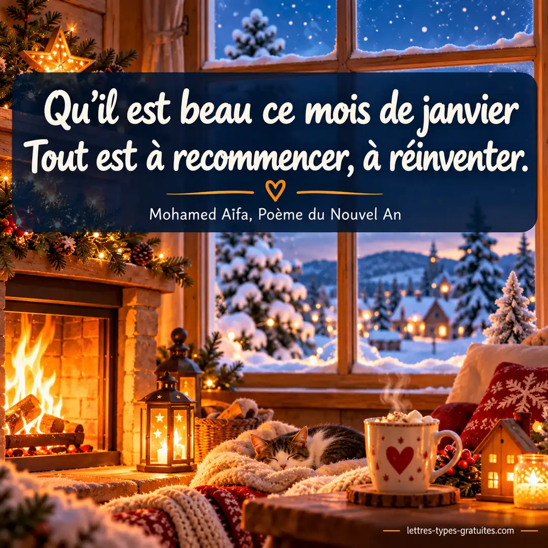 Poème du Nouvel An de Mohamed Aïfa Carte carrée d'une fenêtre enneigée et d'un feu de cheminée avec deux vers de Mohamed Aïfa : qu'il est beau ce mois de janvier, tout est à recommencer, à réinventer