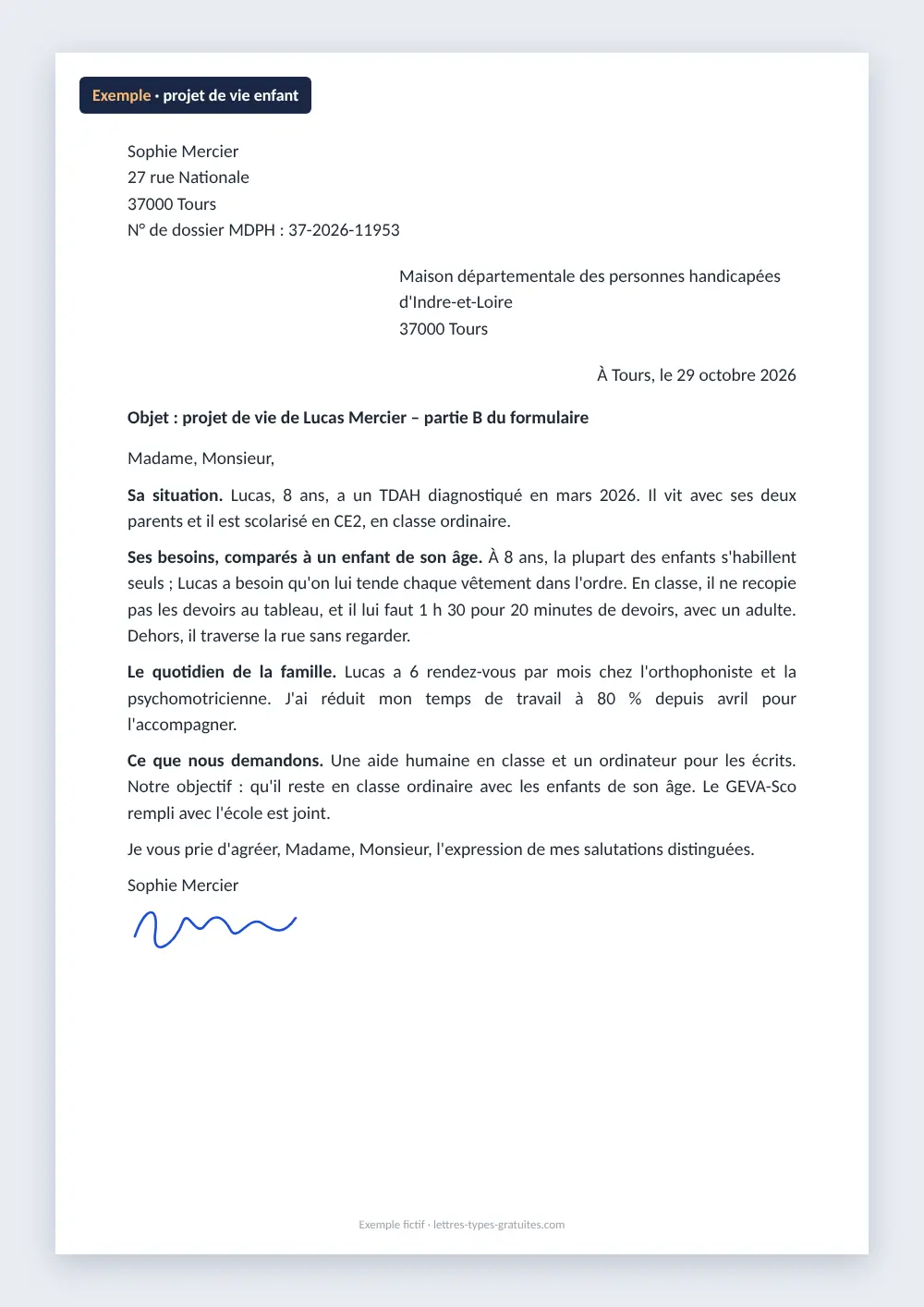 Projet de vie MDPH pour un enfant : exemple rempli Exemple de projet de vie MDPH rempli pour un enfant de 8 ans avec un TDAH, rédigé par sa mère pour demander une aide humaine à l'école