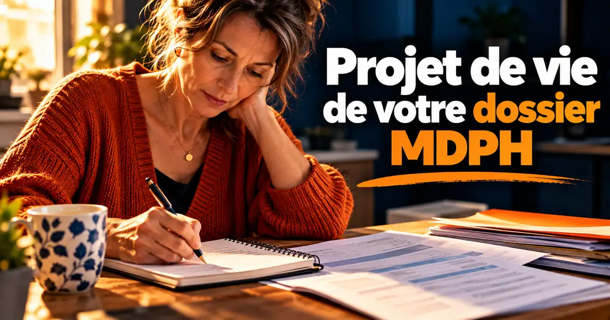 Projet de vie MDPH : décrire sa vie quotidienne avec ses mots Femme qui rédige son projet de vie pour la MDPH à la table de sa cuisine, formulaire de demande et carnet de notes ouverts