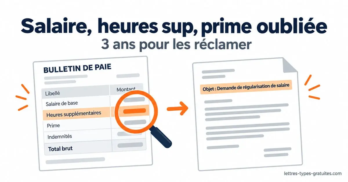 Réclamer un salaire, des heures sup ou une prime : la lettre et le délai de 3 ans Salariée comparant son bulletin de paie et son relevé d'heures avant d'écrire une lettre de réclamation de salaire