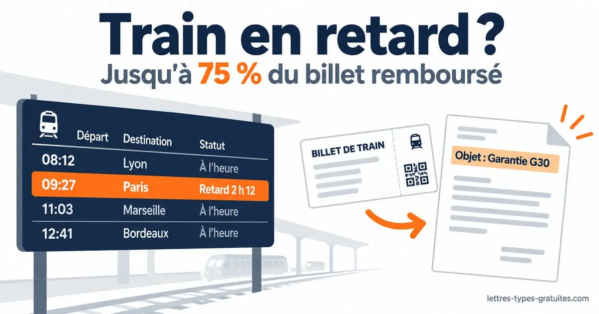 Réclamation SNCF pour retard : jusqu'à 75 % du billet remboursé avec la G30 Voyageur sur un quai de gare devant un panneau affichant un train retardé, billet et lettre de réclamation SNCF en main