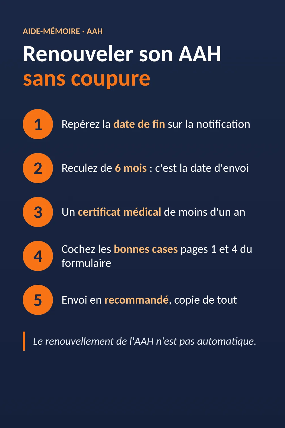Renouvellement AAH : les 5 étapes pour ne pas perdre vos droits, avec la date d'envoi conseillée et les pièces Aide-mémoire du renouvellement AAH en 5 étapes : noter la date de fin des droits, reculer de 6 mois, certificat médical, cases du formulaire, envoi recommandé