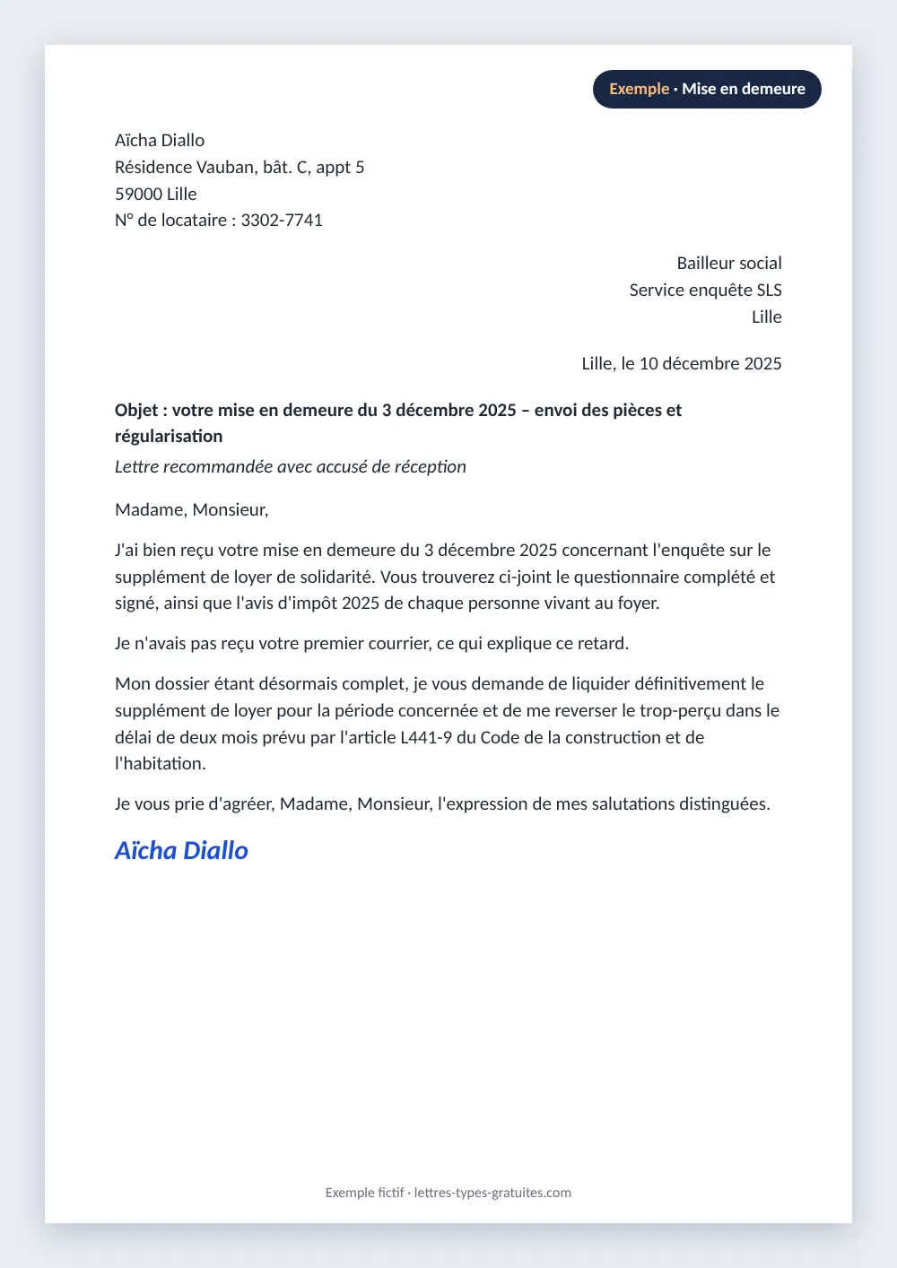 Réponse à une mise en demeure SLS : exemple rempli Exemple de réponse à une mise en demeure du bailleur pour l'enquête SLS, avec demande de remboursement du trop-perçu