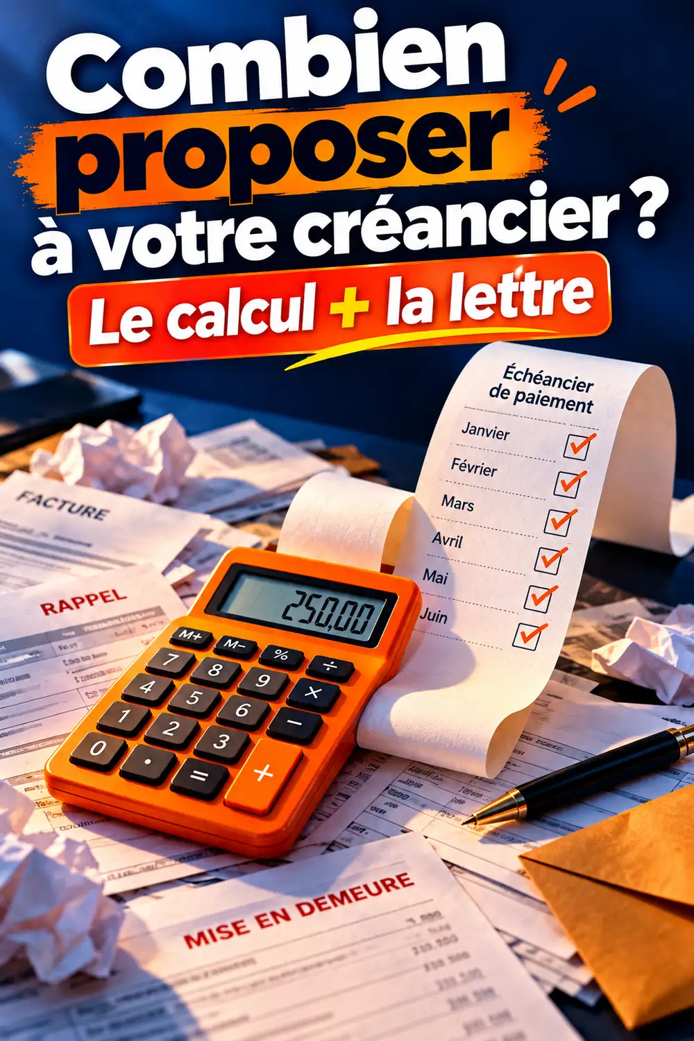 Combien proposer à votre créancier ? Le calcul et la lettre d'échéancier en 3 minutes Simulateur gratuit pour calculer combien proposer par mois à un créancier et générer la lettre d'échéancier