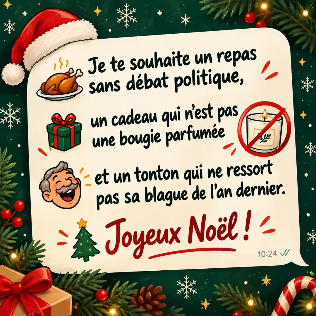 Carte carrée de Noël avec un message drôle sur le débat politique et la bougie parfumée, prête à partager sur WhatsApp