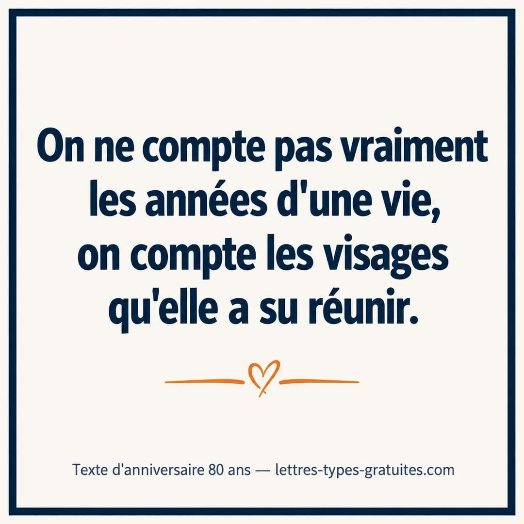 Message d'anniversaire 80 ans à partager : on ne compte pas les années d'une vie, on compte les visages qu'elle a su réunir Carte carrée à partager portant un message d'anniversaire pour 80 ans sur le thème des visages réunis