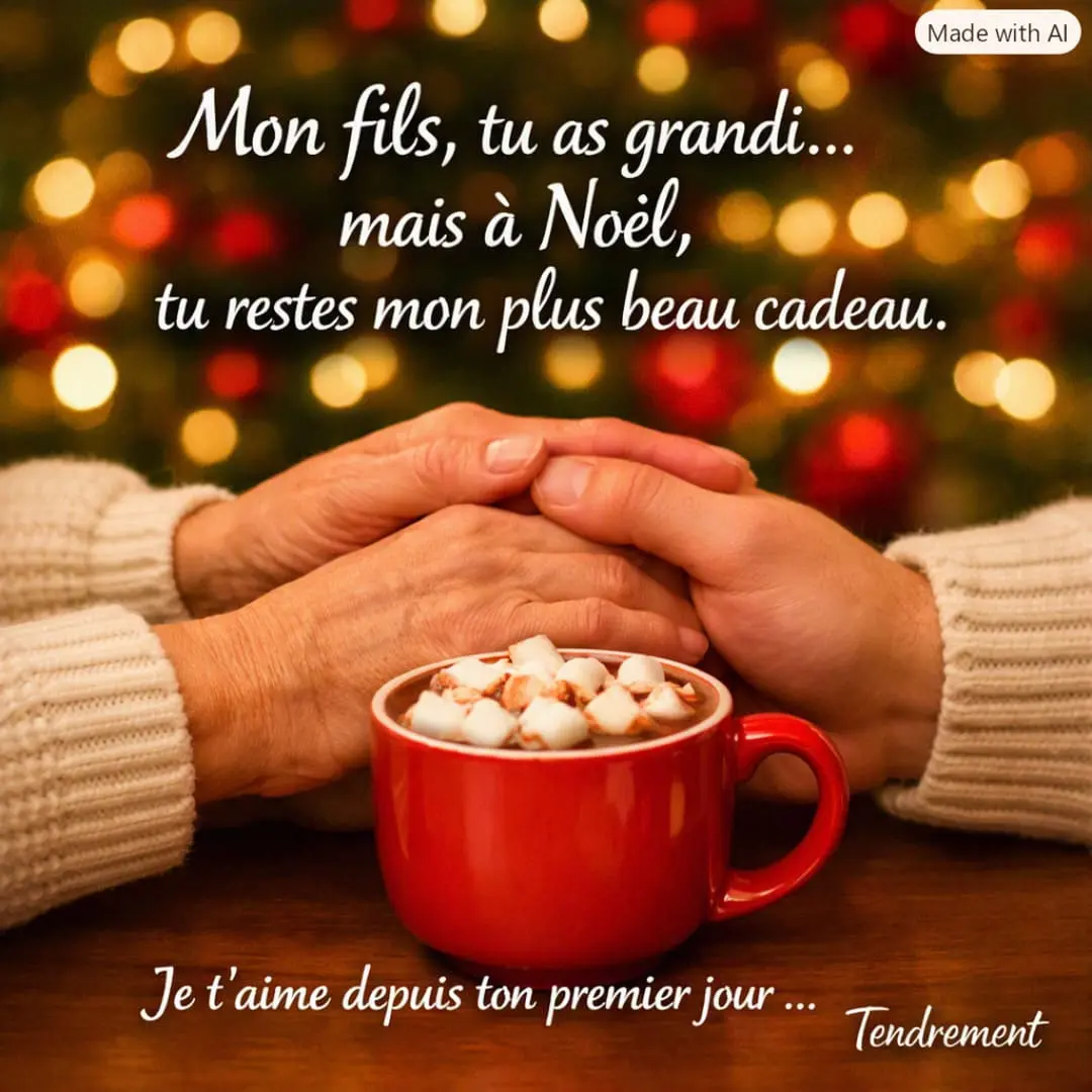 Le texte de Noël à envoyer à son fils devenu grand pour lui dire enfin qu'on est fier de lui Carte carrée avec un texte de Noël d'un parent à son fils adulte, pour lui dire sa fierté et son amour
