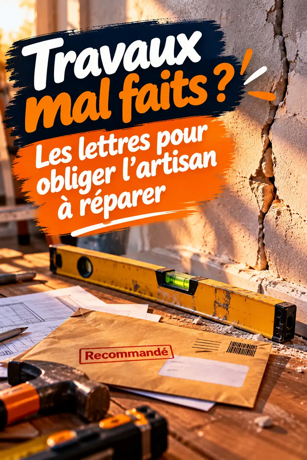 Mur fissuré et lettre recommandée posée sur un établi, pour réclamer la reprise de travaux mal faits par un artisan