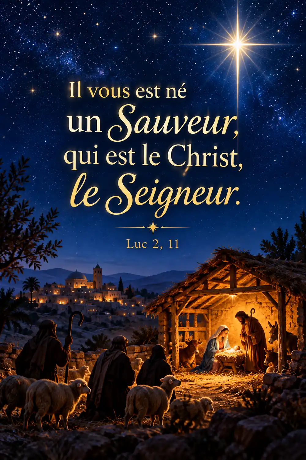 Il vous est né un Sauveur : le verset de Noël à partager Affiche verticale de Noël avec le verset de Luc 2, 11 sur un ciel étoilé au-dessus de l'étable de Bethléem