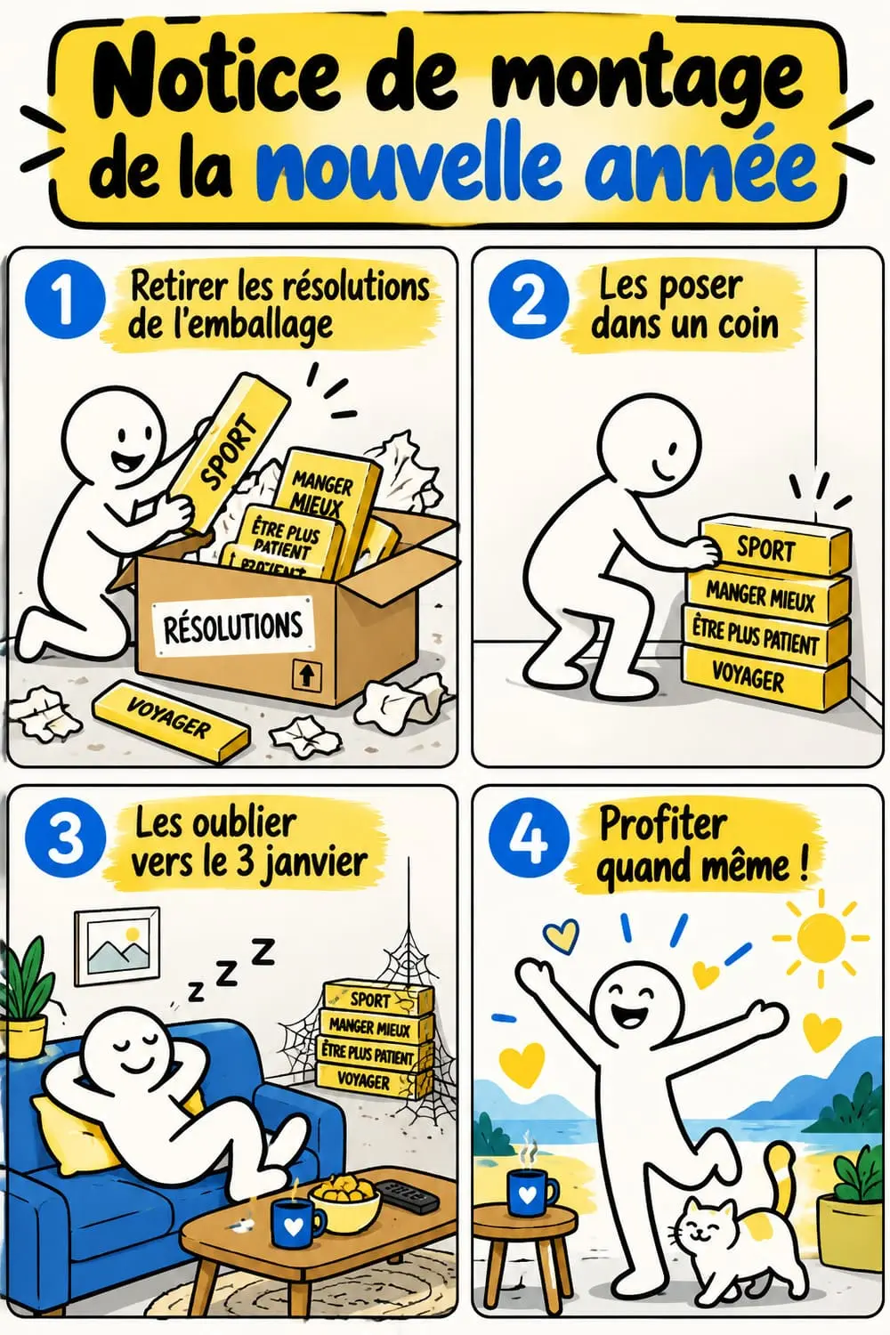 La notice de montage de la nouvelle année : des vœux drôles qui font rire tout le monde Affiche verticale de vœux humoristiques en forme de notice de montage de la nouvelle année, avec pièces détachées et instructions drôles