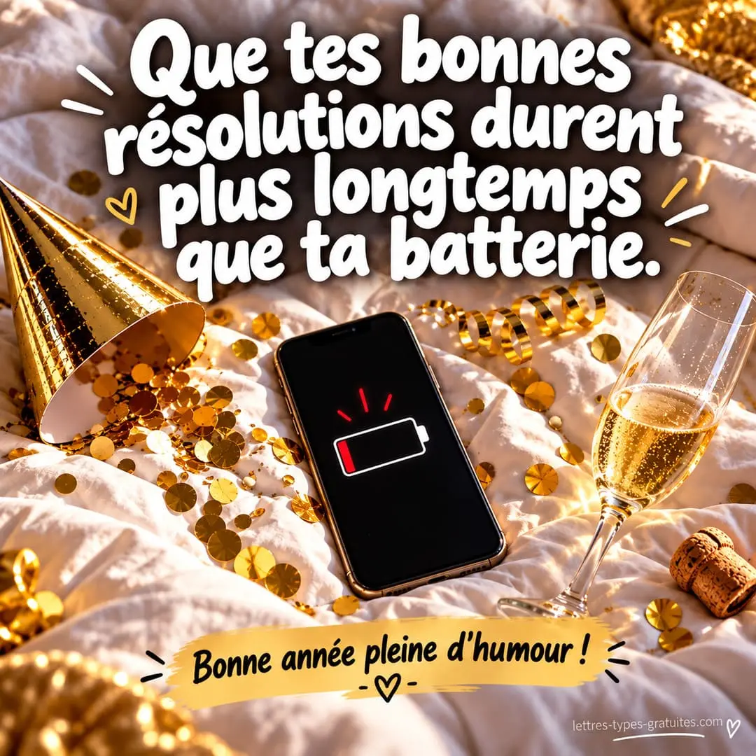 Le vœu drôle sur les bonnes résolutions à envoyer à tous ceux qui n'en tiennent aucune Carte carrée de vœux humoristiques : que tes bonnes résolutions durent plus longtemps que la batterie de ton téléphone
