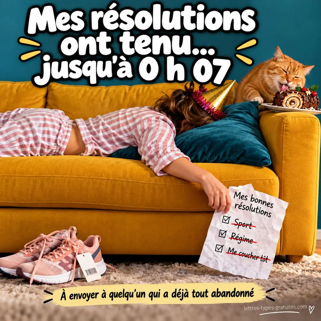 Ses résolutions ont tenu jusqu'à 0 h 07 : le vœu drôle à envoyer à ceux qui ont déjà tout abandonné Femme allongée le visage dans un coussin le 1er janvier, tenant sa liste de bonnes résolutions toutes barrées, pendant que son chat mange la bûche : vœux de bonne année humoristiques