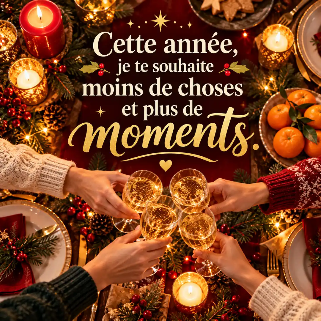 Carte carrée de Noël avec le vœu « Cette année, je te souhaite moins de choses et plus de moments », à partager