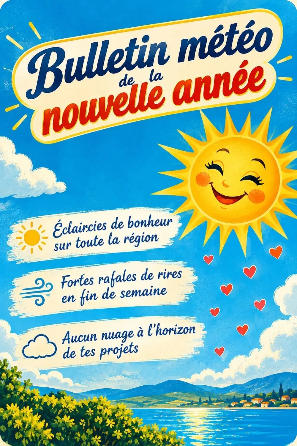 Des vœux en forme de bulletin météo : l'idée originale qui fait sourire tout le monde Affiche verticale de vœux de bonne année originaux en forme de bulletin météo, avec soleil et nuages dessinés
